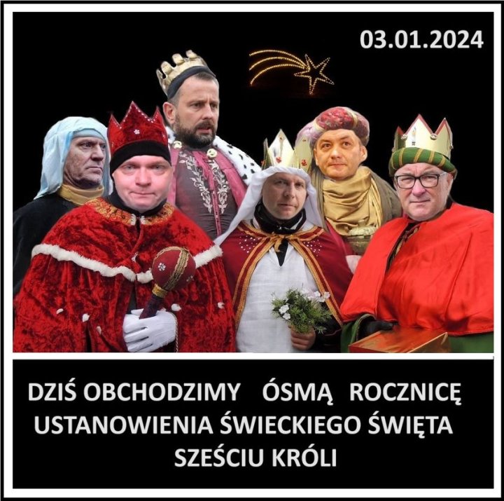 Może być zdjęciem przedstawiającym 3 osoby i tekst „03.01.2024 DZIŚ OBCHODZIMY Ã“SMĄ ROCZNICĘ USTANOWIENIA ŚWIECKIEGO ŚWIĘTA SZEŚCIU KRÓLI”