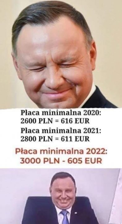 Może być zdjęciem przedstawiającym 2 osoby i tekst „Płaca minimalna 2020: 2600 PLN = 616 EUR Płaca minimalna 2021: 2800 PLN = 611 EUR Płaca minimalna 2022: 3000 PLN -605 EUR”
