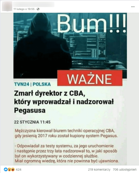 Wpis na Facebooku zawierający rzekomy zrzut ekranu ze strony tvn24.pl opisującej śmierć dyrektora CBA. Nie ma na niej informacji o roku publikacji.