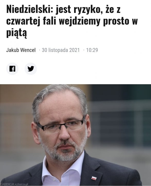 Może być zdjęciem przedstawiającym 1 osoba i tekst „Niedzielski: jest ryzyko, że z czwartej fali wejdziemy prosto W piÄ…tÄ Jakub Wencel ·30 listopada 2021 10:29”