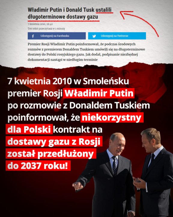 Może być zdjęciem przedstawiającym 2 osoby i tekst „Władimir Putin Donald Tusk ustalili długoterminowe dostawy gazu 7kwietnia 2010, 18:40 Ten ntekstprzeczytaszw1minut minute Udostępnijn na Facebooku Udostępnijn na Twitterze Premier Rosji Władimir Putin poinformował, że podczas środowych rozmów premierem Donaldem Tuskiem umówili się długoterminowe dostawy Polski rosyjskiego gazu. Jak dodał, podpisanie niezbędnej dokumentacji nastąpi w niedługim terminie 7 kwietnia 2010 W Smoleńsku premier Rosji Władimir Putin po rozmowie z Donaldem Tuskiem poinformował, że niekorzystny dla Polski kontrakt na dostawy gazu z Rosji został przedłużony do 2037 roku!”