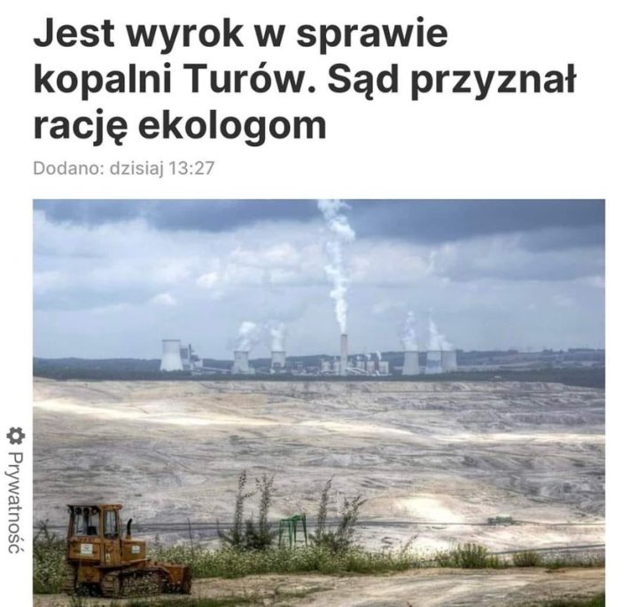 Może być zdjęciem przedstawiającym tekst „Jest wyrok W sprawie kopalni Turów. Sąd przyznał rację ekologom Dodano: dzisiaj 13:27 人O Parls”