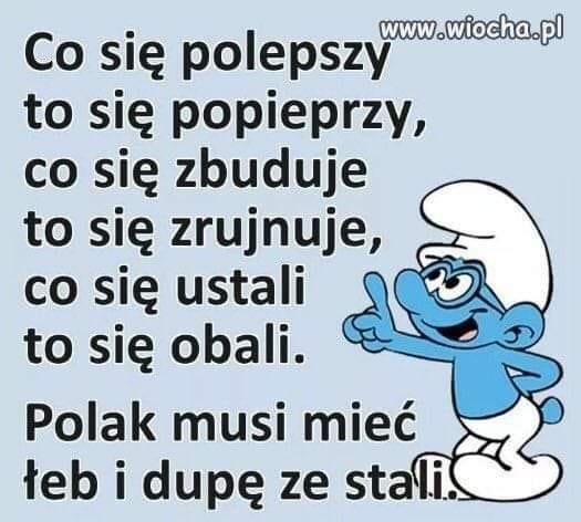 Może być zdjęciem przedstawiającym co najmniej jedna osoba i tekst „Co się polepszy www.wiocha.pl .wiocha. to się popieprzy, co się zbuduje to się zrujnuje, co się ustali to się obali. Polak musi mieć łeb i dupę ze stali.”