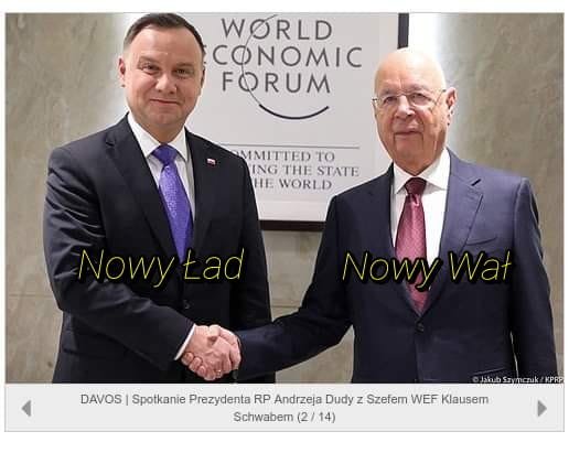 Może być zdjęciem przedstawiającym 2 osoby i tekst „WORLD CONOMIC FORUM MMITTED TO ING THE STATE He WORLD Nowy Ład የኢስኢብርk KPE DAVOS Spotkanie Prezydenta RP Andrzeja Dudy z Szefem WEF Klausem Schwabem 14)”