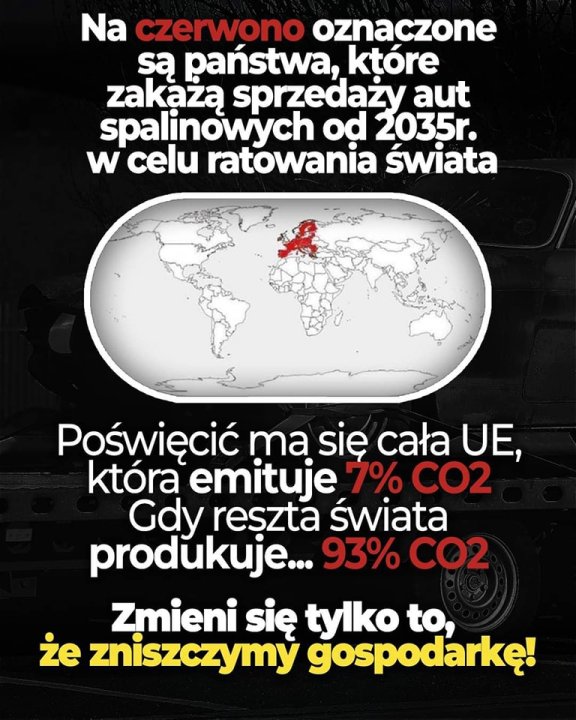Może być zdjęciem przedstawiającym tekst „Na czerwono oznaczone są państwa, które zakażą sprzedaży aut spalinowych od 2035r. w celu ratowania świata Poświęcić ma się cała UE, która emituje 7% CO2 Gdy reszta świata produkuje... 93% CO2 Zmieni się tylko to, że zniszczymy gospodarkę!”