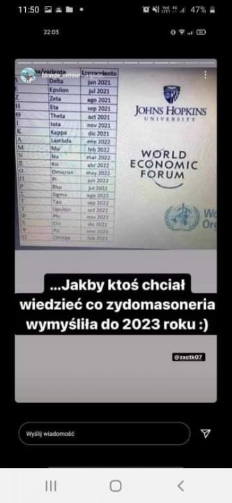 Może być zdjęciem przedstawiającym tekst „22:05 2021 2021 Theta Eappa Lambds JOHNS HOPKINS UNIVERSITT WORLD ECONOMIC FORUM Ord ...Jakby ktoś chciał wiedzieć co zydomasoneria wymyśliła do 2023 roku:) @zxctk07 Wyslj wiadomość <”