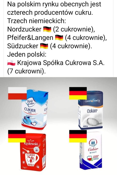 Może być zdjęciem przedstawiającym tekst „Na polskim rynku obecnych jest czterech producentów cukru. Trzech niemieckich: Nordzucker (2 cukrownie), Pfeifer&Langen (4 cukrownie), Südzucker cukrownie). Jeden polski: Krajowa Spółka Cukrowa S.A. (7 cukrowni). Polokier CUKIER jat SweetoFamily Cukier 1000g 000 Krolewski CUKIER BIAŁY 1kge DIAMANT Cukier BIALY ZPOLSKICH BURAH Wagudelo”