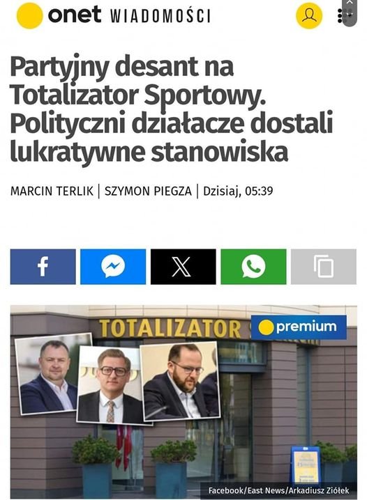 Może być zdjęciem przedstawiającym 3 osoby i tekst „onet WIADOMOŚCI Partyjny desant na Totalizator Sportowy. Polityczni działacze dostali lukratywne stanowiska MARCIN TERLIK| SZYMON PIEGZA I Dzisiaj, 05:39 f TOTALIZATOR premium A5 a Facebook/East.News/ArkadiuszZiole East News Arkadiusz Ziółek Facebook/East”