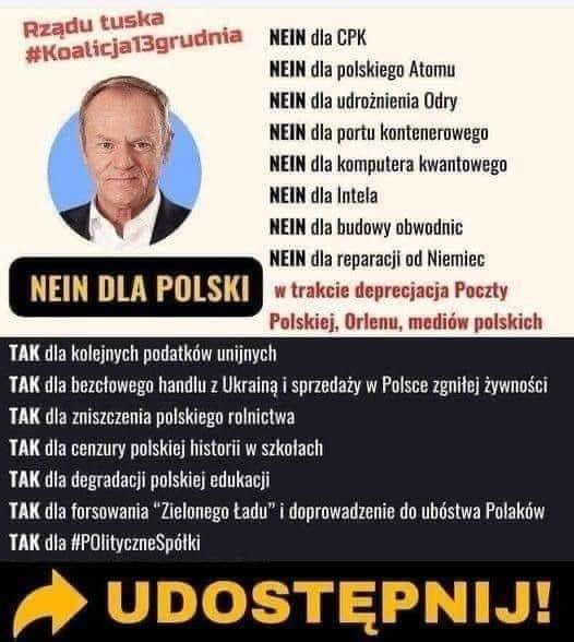 Może być zdjęciem przedstawiającym 1 osoba i tekst „Rządu #Koalicjal #Koalicja13grudnia tuska NEIN dla CPK NEIN dla polskiego Atomu NEIN dla udrożnienia Odry NEIN dla portu kontenerowego NEIN dla komputera kwantowego NEIN dla Intela NEIN dla budowy obwodnic NEIN dla reparacji od Niemiec trakcie deprecjacja Poczty Polskiej, Orlenu, mediów polskich AK dla kolejnych podatków unijnych NEIN DLA POLSKI TAK dla bezcłowego handlu z Ukrainą sprzedaży W Polsce zgniłej żywności TAK dla zniszczenia polskiego rolnictwa TAK dla cenzury poiskiej historii W szkołach TAK dla degradacji polskiej edukacji TAK dla forsowania "Zielonego Ładu" TAK dla #POlityczneSpótki UDOSTEPNIJ! doprowadzenie do ubóstwa Polaków”