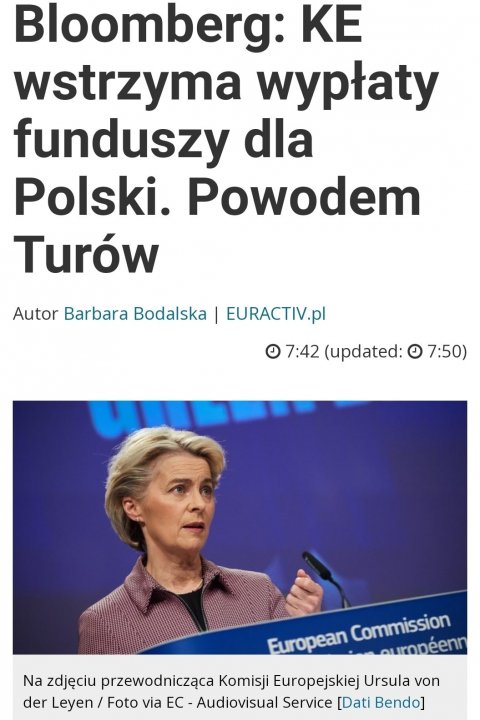 Może być zdjęciem przedstawiającym 1 osoba i tekst „Bloomberg: KE wstrzyma wypłaty funduszy dla Polski. Powodem Turów Autor Barbara Bodalska EURACTIV.pl 7:42 (updated: 7:50) European Commission ouronéenn Na zdjęciu przewodnicząca Komisji Europejskiej Ursula von der Leyen Foto via EC Audiovisua Service [Dati Bendo]”