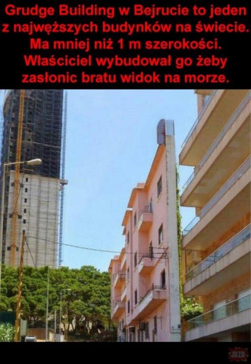 Może być zdjęciem przedstawiającym na świeżym powietrzu i tekst „Grudge Building w Bejrucie to jeden z najwęższych budynków na Åwiecie Ma mniej niż 1 m szerokości. Właściciel wybudował go żeby zasłonic bratu widok na morze”
