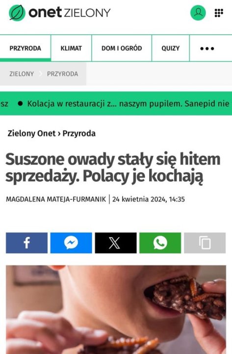 Może być zdjęciem przedstawiającym 1 osoba i tekst „D onetZIELONY onet ZIELONY … PRZYRODA KLIMAT DOM OGRÓD ZIELONY QUIZY PRZYRODA ··· Sz Kolacja w restauracji z... naszym pupilem. pupilem.Sanepio Sanepid nie Zielony Onet Przyroda Suszone owady stały się hitem sprzedaży. Polacy je kochają MAGDALENA MATEJA-FURMANIK 24 kwietnia 2024, 14:35 f Χ”