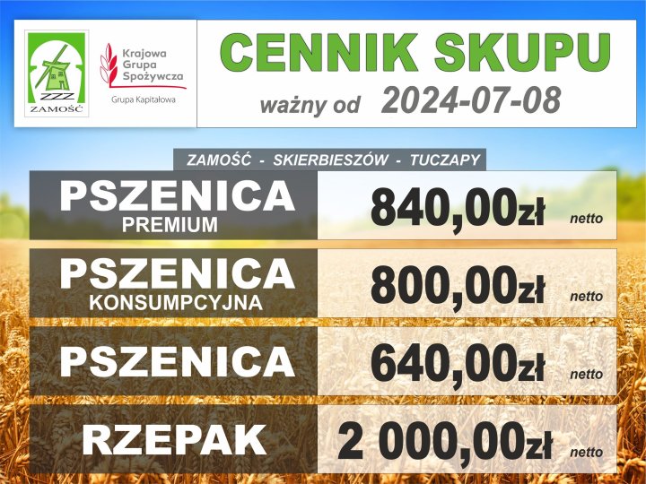 Może być zdjęciem przedstawiającym tekst „Krajowa Grupa Spożywcza 為 ZAMOŚĆ Grupa Kapitałowa ważny od CENNIK SKUPU 2024-07-08 ZAMOŚĆ- SKIERBIESZÓW TUCZAPY PSZENICA PREMIUM 840,00zł 800,00zł 800 netto PSZENICA KONSUMPCYJNA netto PSZENICA netto 尖 RZEPAK 17 ッて SNE AIMY 640 640,00z エ海活 2 000,00zł netto”