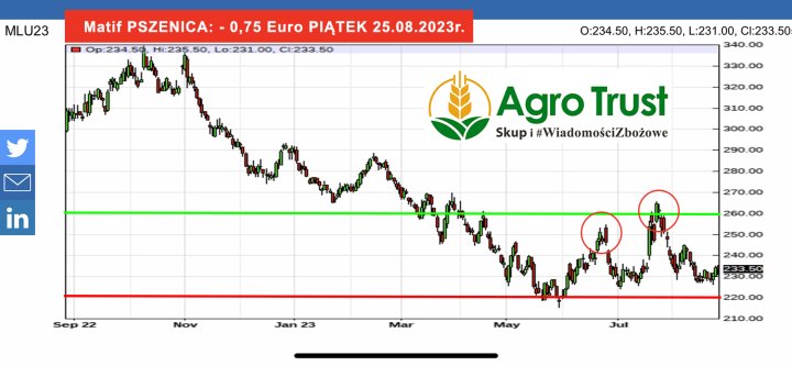 Może być zdjęciem przedstawiającym tekst „MLU23 Matif PSZENICA: -0,75 Euro PIĄTEK 25.08.2023r. Hi:235.5 Lo:23 C1:233.50 0:234.50, H:235.50, L:231 00, CI:233.5 340.00 330.00 320 320.00 Agro Trust Skupi#WiadomoÅ›ciZbożowe 310.00 300.00 290.00 280 00 270.00 260 260.00 o0 Jan 250.00 Mar 220.00 220”