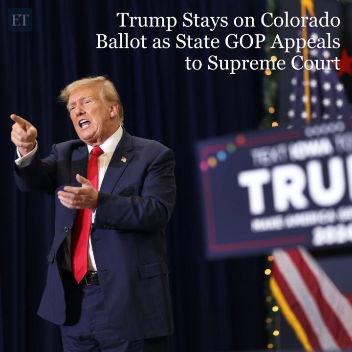 Może być zdjęciem przedstawiającym 1 osoba i tekst „Trump Stays on Colorado Ballot as State GOP Appeals to to Supreme Court TRU”