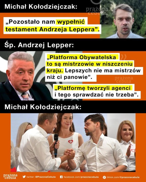 Może być zdjęciem przedstawiającym 6 osób i tekst „Michał Kołodziejczak: „Pozostało nam wypełnić testament Andrzeja Leppera" Śp. Andrzej Lepper: "Platforma Obywatelska to są mistrzowie w niszczeniu kraju. Lepszych nie ma mistrzów niż ci panowie". prazona cebula Platformę tworzyli agenci tego sprawdzać nie trzeba" Michał Kołodziejczak: prążona cebula itter: @PrazonaCebula f facebook.com/prazonacebula tiktok.com/@prazonacebula”
