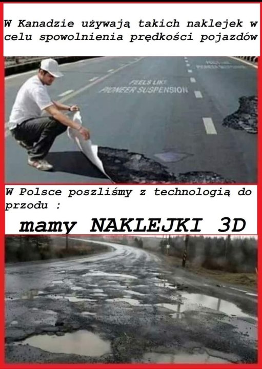 Może być zdjęciem przedstawiającym 1 osoba i tekst „W Kanadzie używają takich naklejek celu spowolnienia prędkości pojazdów POWEER FREZS FEELSLIKE SUSPENSION W Polsce poszliśmy z technologią do przodu: mamy NAKLEJKI 3D”