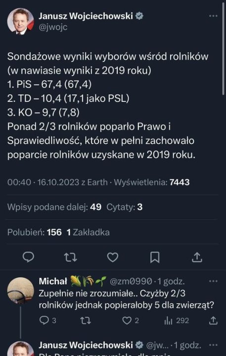 Może być zdjęciem przedstawiającym 2 osoby i tekst „Janusz Wojciechowski @jwojc Sondażowe wyniki wyborów wśród rolników (w nawiasie wyniki z 2019 roku) 2.TD-10,4 jako PSL) .KO-9,7(7,8) Ponad 2/3 rolników poparło Prawo Sprawiedliwość, które w pełni zachowało poparcie rolników uzyskane w 2019 roku. 00:40 16.10.2023 Earth Wyświetlenia: 7443 Wpisy podane dalej: 49 Cytaty: 3 Polubień: 156 Zakładka Michał @zm0990 godz. Zupełnie nie zrozumiałe.. Czyżby 2/3 rolników jednak popierałoby 5 dla zwierząt? 小 292 × Janusz Wojciechowski @jw... godz.”