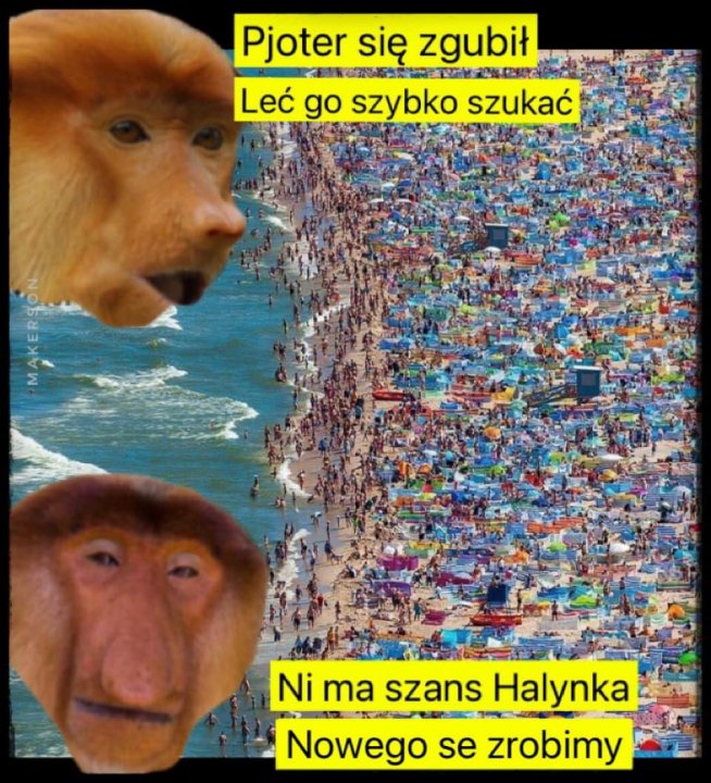 Może być zdjęciem przedstawiającym tekst „Pjoter się zgubił Oe Leć go szybko szukać Ni ma szans Halynka Nowego se zrobimy”