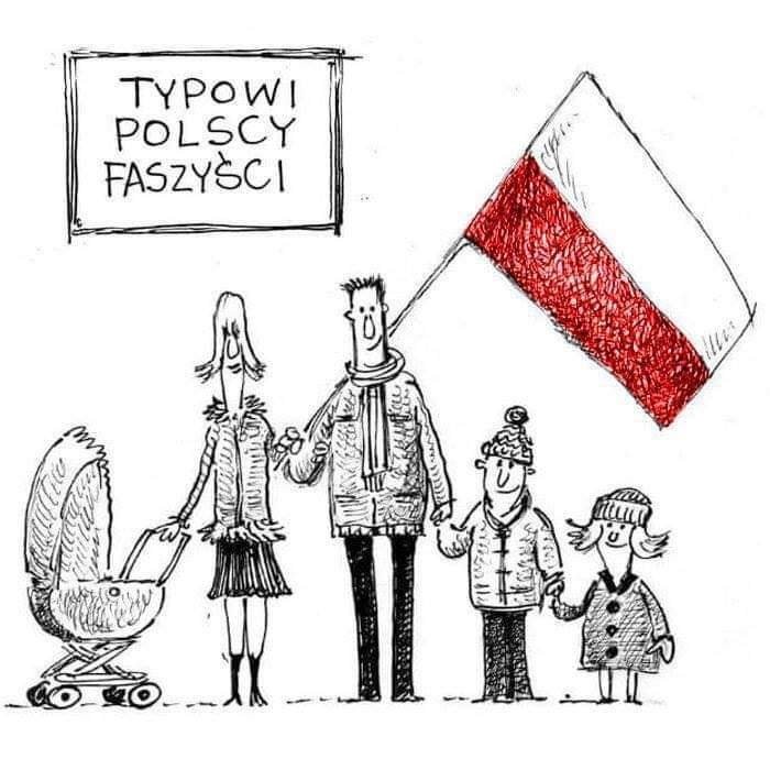 Może być komiksem przedstawiającym stoi i tekst „TYPOWI POLSCY FASZYŚCI”