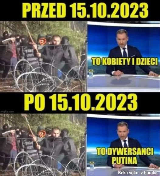 Może być zdjęciem przedstawiającym 6 osób i tekst „PRZED 15. 15.10.2023 TO TY I DZIECI PO 15.10 15.10.2023 2023 1時 TO ODYWERSANCI PUTINA Beka soku z buraka”