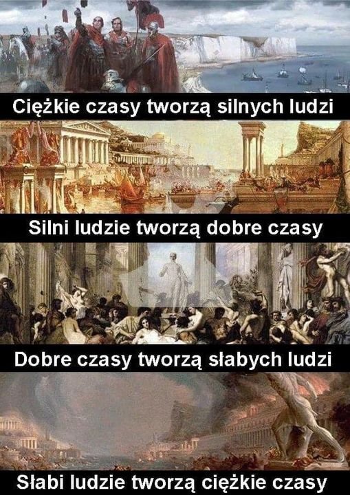 Może być zdjęciem przedstawiającym 1 osoba, pomnik i tekst „Ciężkie czasy tworzą silnych ludzi Silni ludzie tworzą dobre czasy Dobre czasy tworzą słabych ludzi Słabi ludzie tworzą ciężkie czasy”