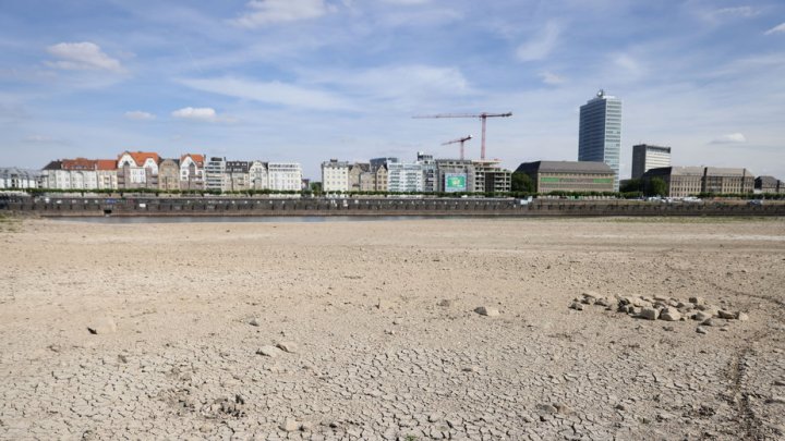 Wyschnięte koryto Renu w Düsseldorfie w Niemczech, 2 sierpnia 2022 r.