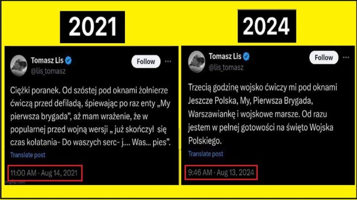 Może być grafiką przedstawiającą tekst „2021 Tomasz Lis Follow 2024 Tomasz Lis Follow Ciężki poranek. Od szóstej pod oknami żołnierze ćwiczą przed defiladą, śpiewając po raz enty „My pierwsza brygada", aż mam wrażenie, że w popularnej przed wojną wersji już skończył się czas kołatania- Do waszych serc- J.... Was... pies". Translatepost Trzecią godzinę wojsko ćwiczy mi pod oknami Jeszcze Polska, My, Pierwsza Brygada, Warszawiankę wojskowe marsze. Od razu jestem w pełnej gotowości na święto Wojska Polskiego. Translatepost”