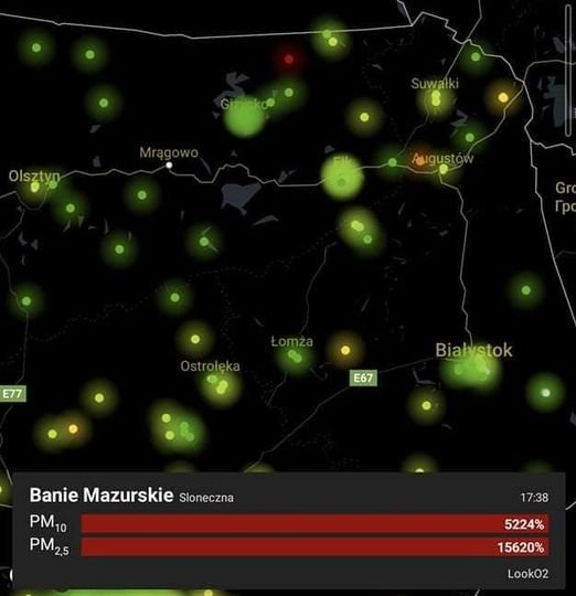 Może być zdjęciem przedstawiającym mapa, niebo i tekst „Olsztyn E77 E67 Białystok Banie Mazurskie Sloneczna PM10 PM25 17:38 5224% 15620% Look02”