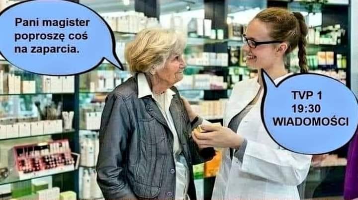 Może być zdjęciem przedstawiającym co najmniej jedna osoba i tekst „Pani magister poproszę coś na zaparcia. TVP1 19:30 WIADOMOŚCI”