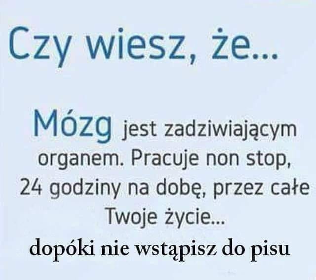 Może być zdjęciem przedstawiającym tekst „Czy wiesz, że... Mózg jest zadziwiającym organem. Pracuje non stop, 24 godziny na dobę, przez całe Twoje życie... dopóki nie wstąpisz do pisu”