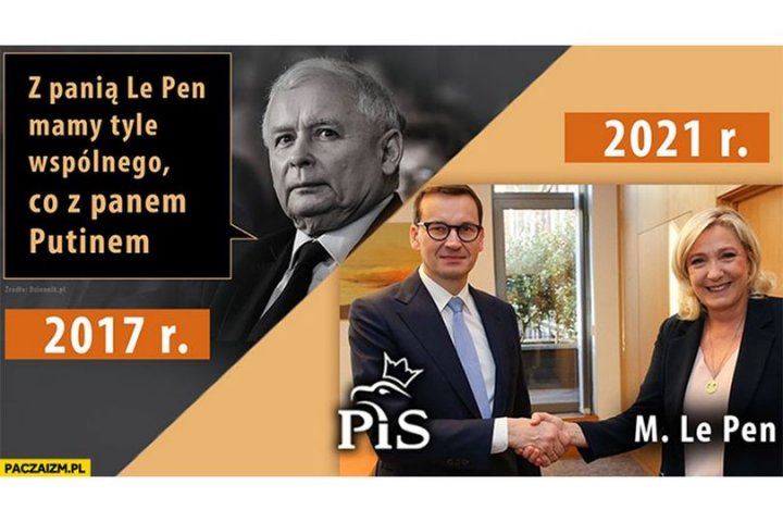 Może być zdjęciem przedstawiającym 3 osoby i tekst „z panią Le Pen mamy tyle wspólnego, co z panem Putinem 2021 r. 2017 r. PACZAIZM.PL Pis M. Le Pen”