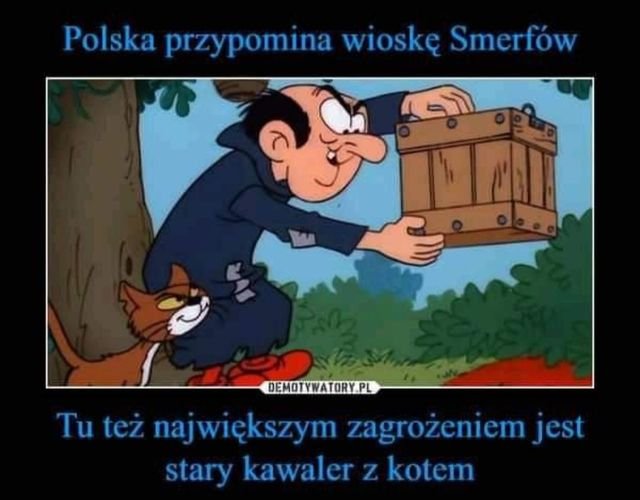Obraz może zawierać: tekst „Polska przypomina wioskę Smerfów A1 DEMOTYWATORY.PL Tu też największym zagrozeniem jest stary kawaler z kotem”