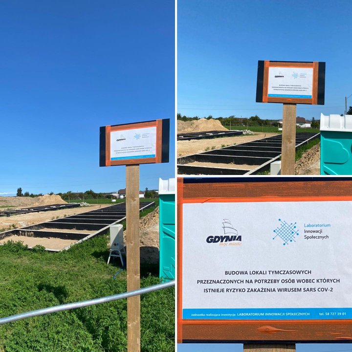 Może być zdjęciem przedstawiającym na świeżym powietrzu i tekst „GDYNIA wiast Laboratorium Innowacji Społecznych BUDOWA LOKALI TYMCZASOWYCH PRZEZNACZONYCH POTRZEBY OSÃBWOBECKTÃ“RYCH WOBEC KTÓRYCH ISTNIEJE RYZYKO ZAKAŻENIA WIRUSEM SARS COV-2 INNOWACJI POŁECZNYCH tel.587273901”