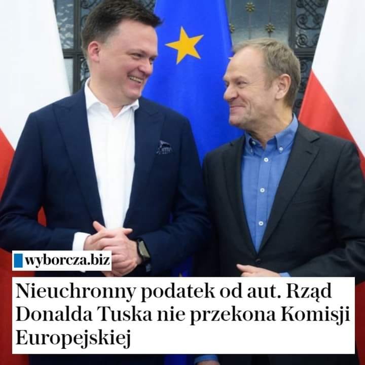 Może być zdjęciem przedstawiającym 2 osoby i tekst „wyborcza.biz Nieuchronny podatek od aut. aut. Rząd Donalda Tuska nie przekona Komisji Europejskiej”