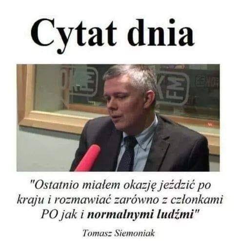 Może być memem przedstawiającym 1 osoba i tekst „Cytat dnia "Ostatnio miatem okazjÄ jeżdzić po kraju i rozmawiać zarówno z członkami PO jak i normalnymi ludźmi" Tomasz Siemoniak”