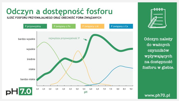 Wykres przedstawiający ilość dostępnego fosforu w glebie oraz ilość fosforu w formach związanych w zależności od odczynu.