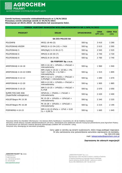 wieloskladnik agrochem cenniki 28 01 22 cenyrolnicze pl