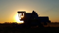 Kombajn Bizon Rekord Z058 o zachodzie słońca.