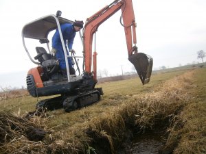 Minikoparka Kubota podczas czyszczenia rowu